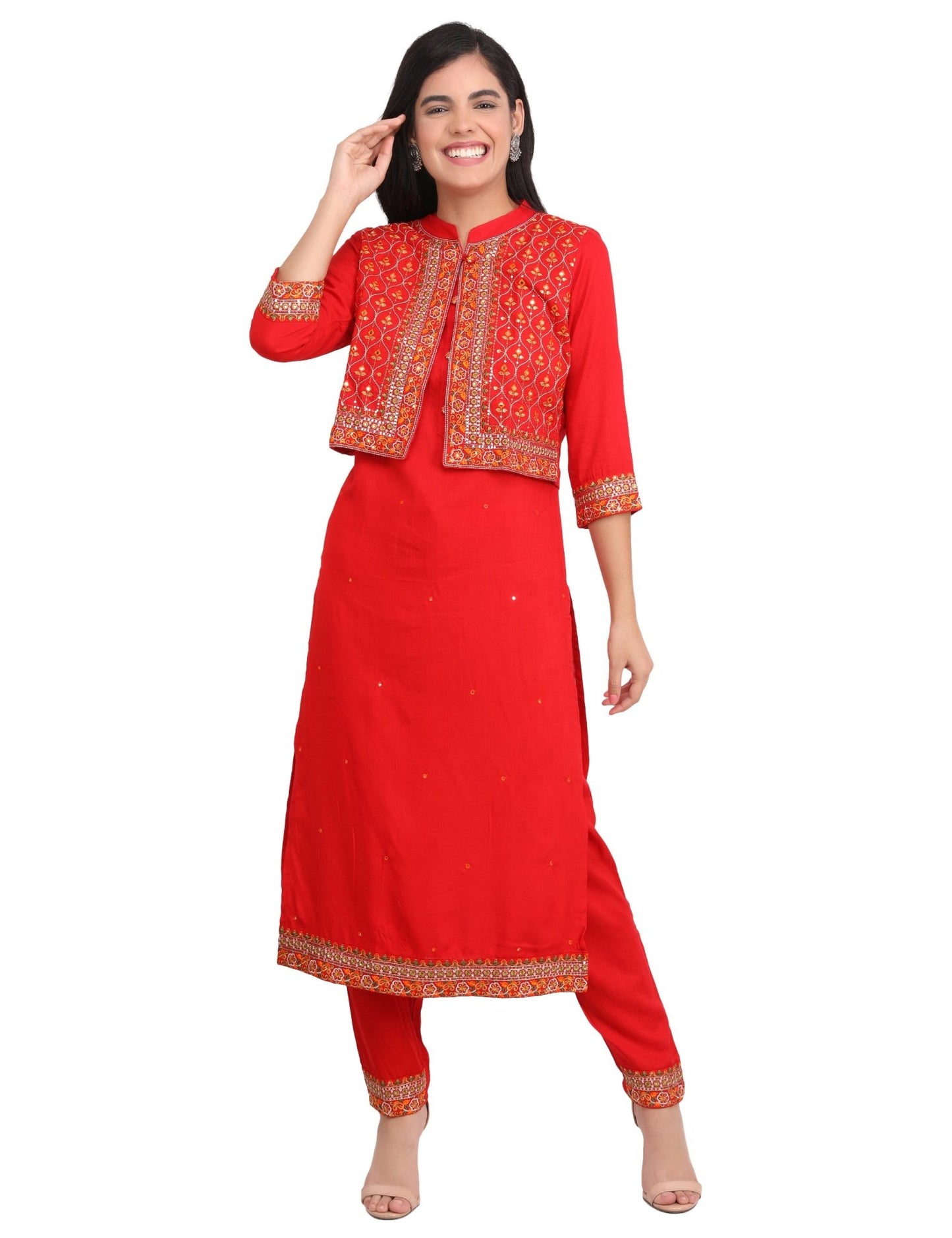 Alia's Favourite Bold Red In Ethnic Twist Jacket Kurta Pant Suit (Set Of 3) - Craftystyles