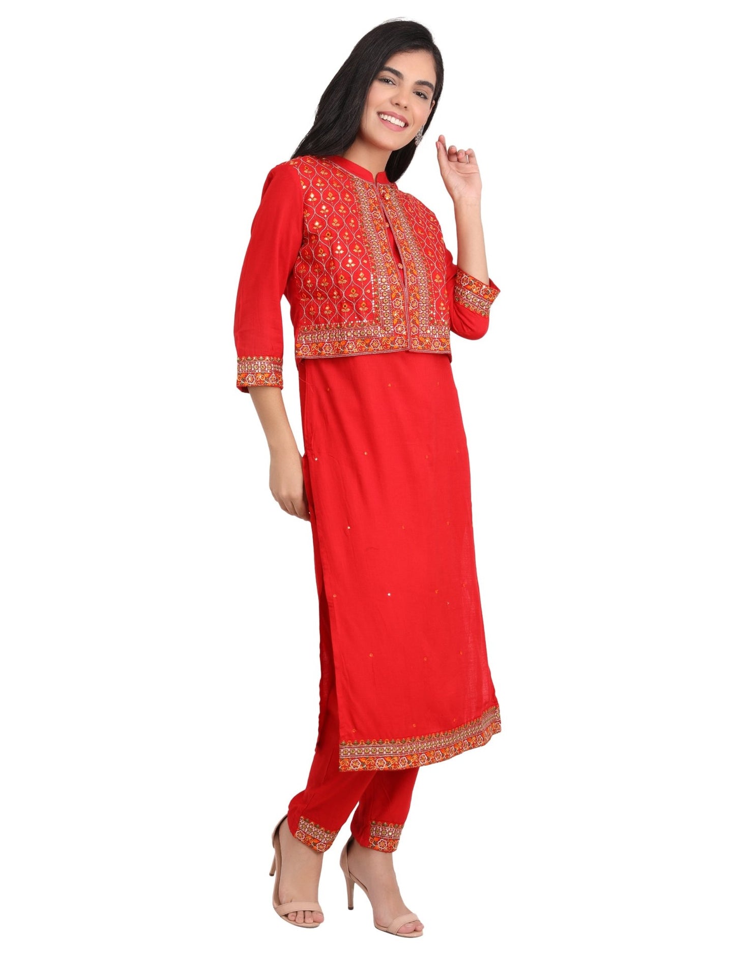 Alia's Favourite Bold Red In Ethnic Twist Jacket Kurta Pant Suit (Set Of 3) - Craftystyles