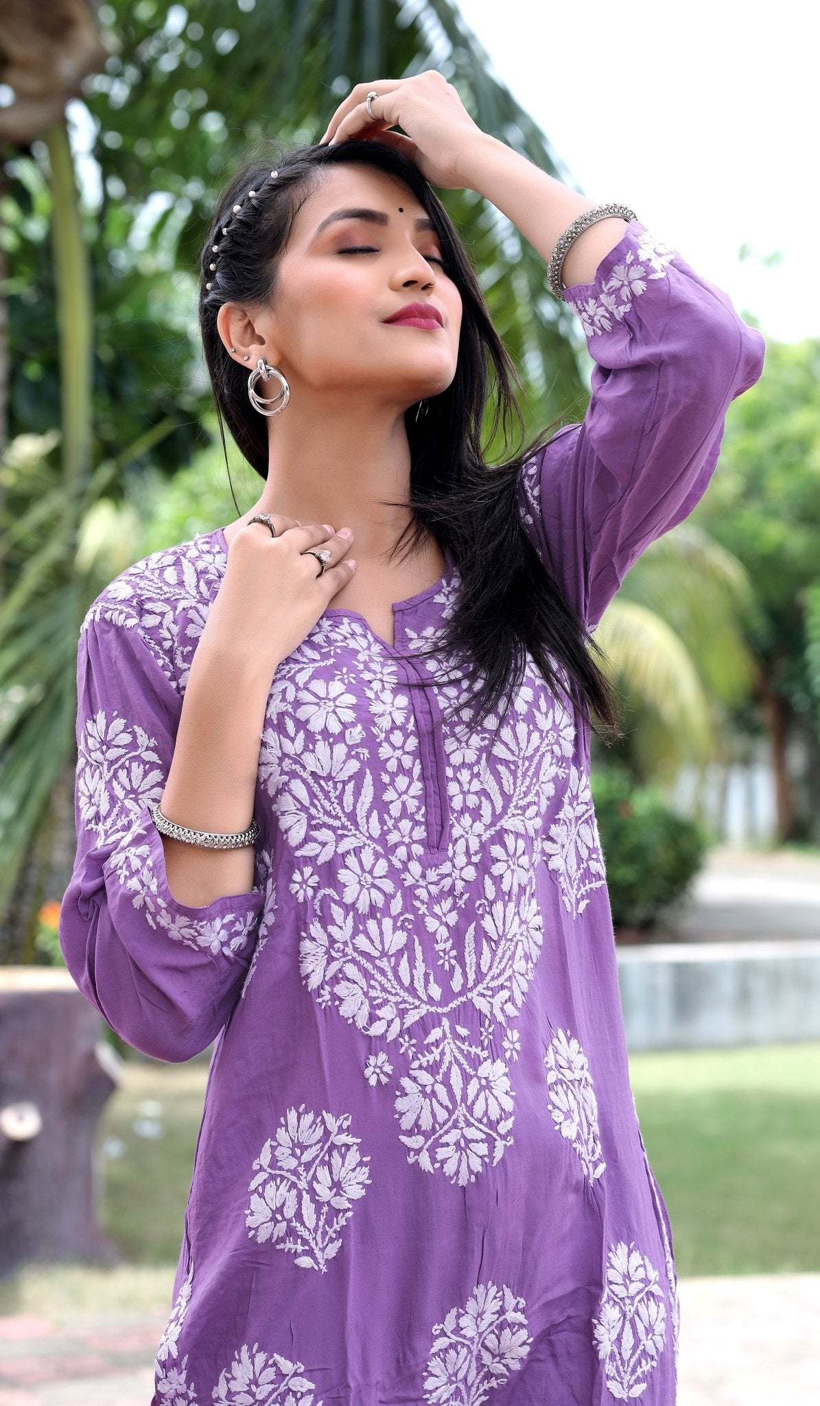 Beena Lavender Chikankari Modal Silk( Set of 2) - Craftystyles