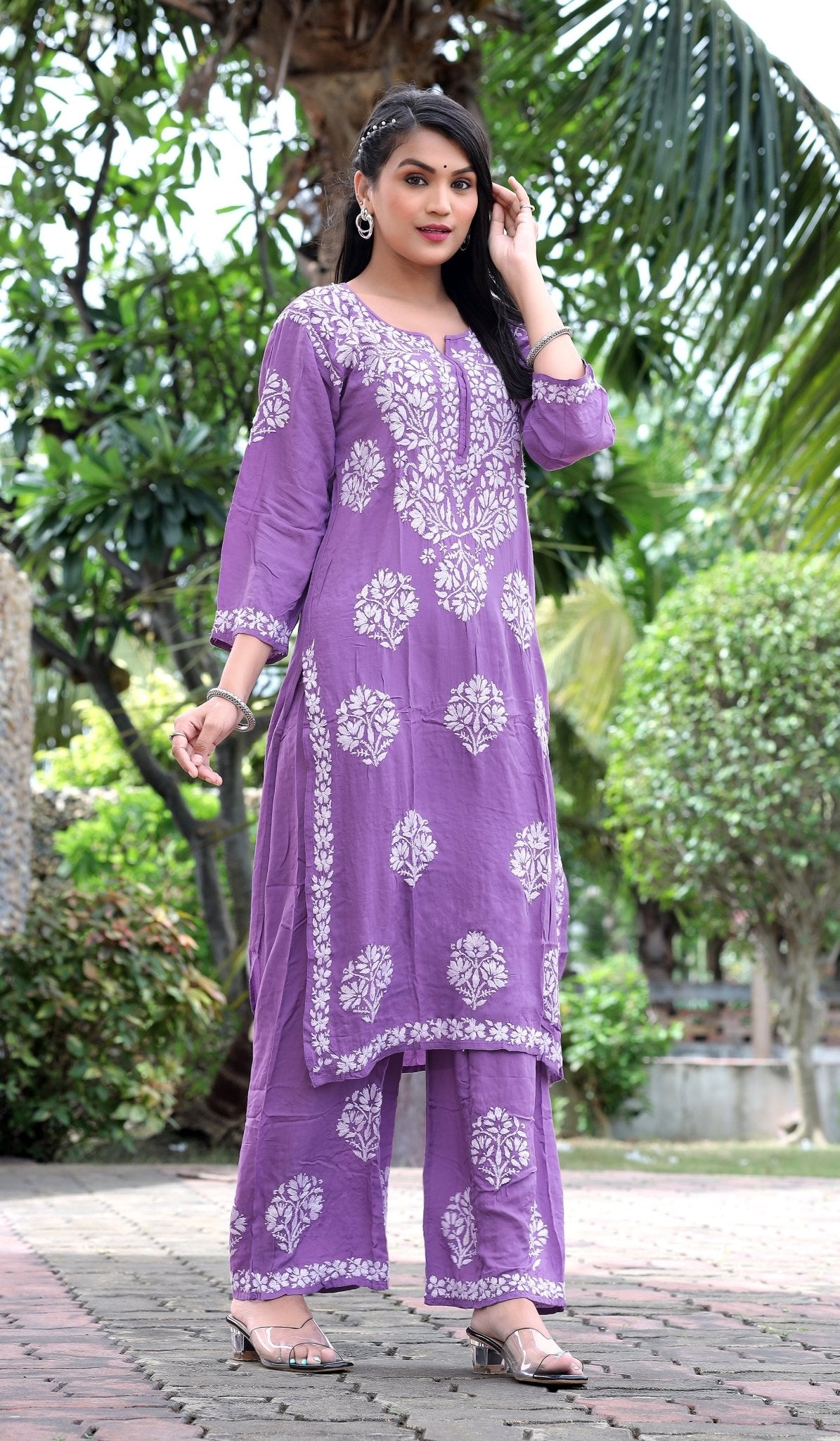 Beena Lavender Chikankari Modal Silk( Set of 2) - Craftystyles