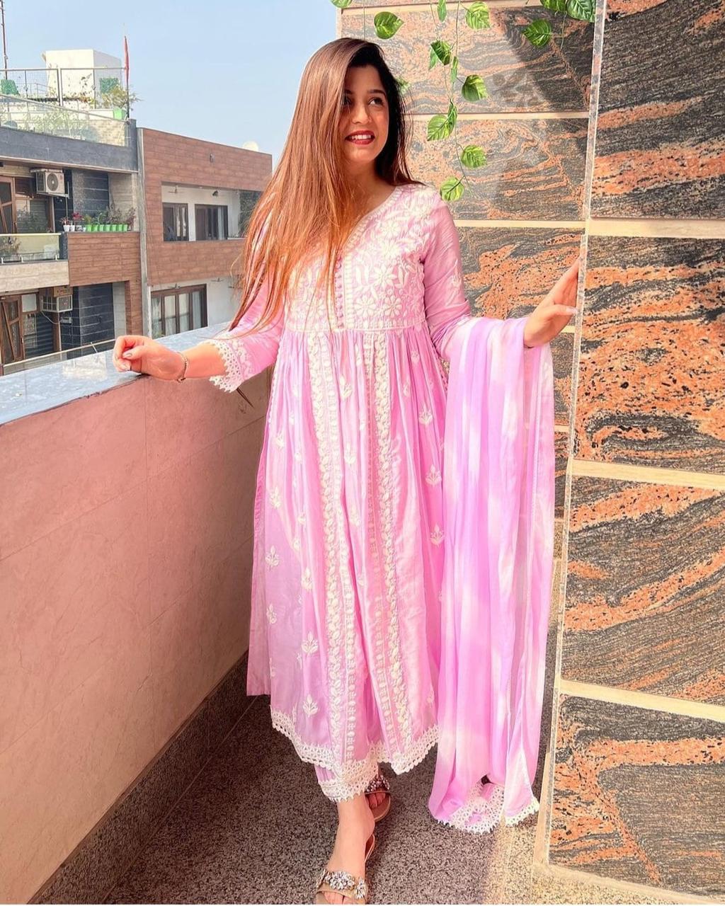 Chikankari Anarkali Baby Pink Suit(Set of 3) - Craftystyles