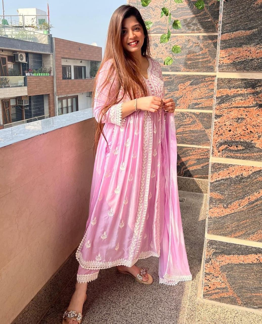 Chikankari Anarkali Baby Pink Suit(Set of 3) - Craftystyles
