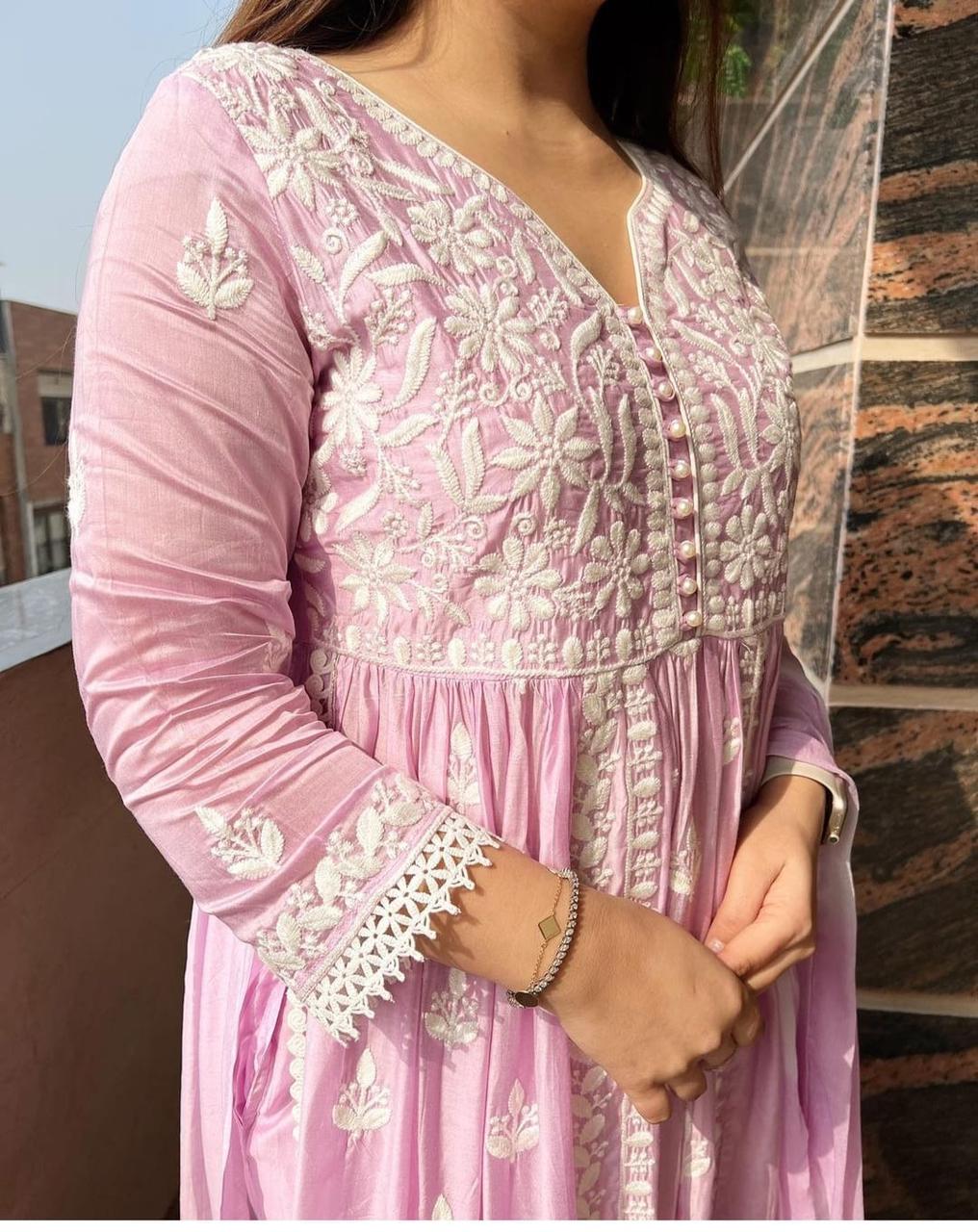 Chikankari Anarkali Baby Pink Suit(Set of 3) - Craftystyles