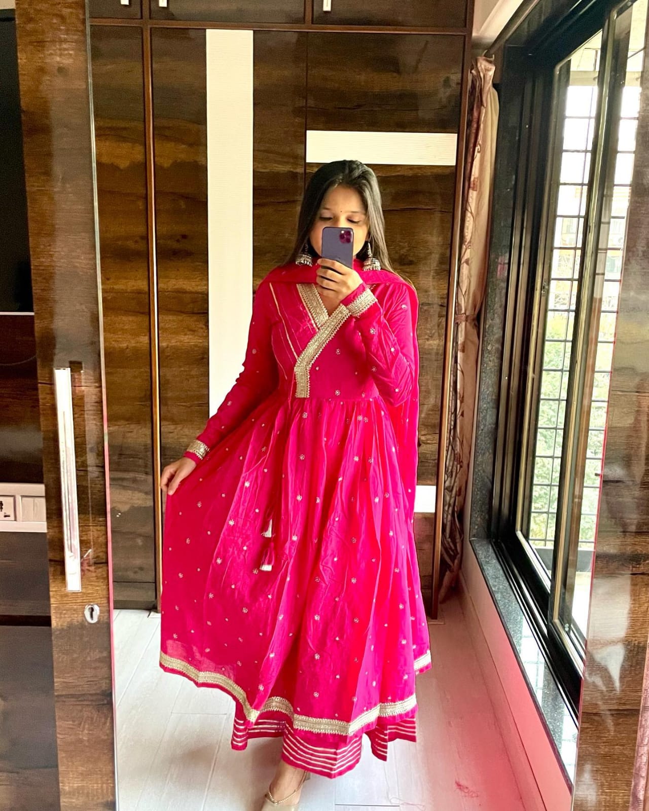 Malmal Pink anarkali Suit(Set of 3) - Craftystyles