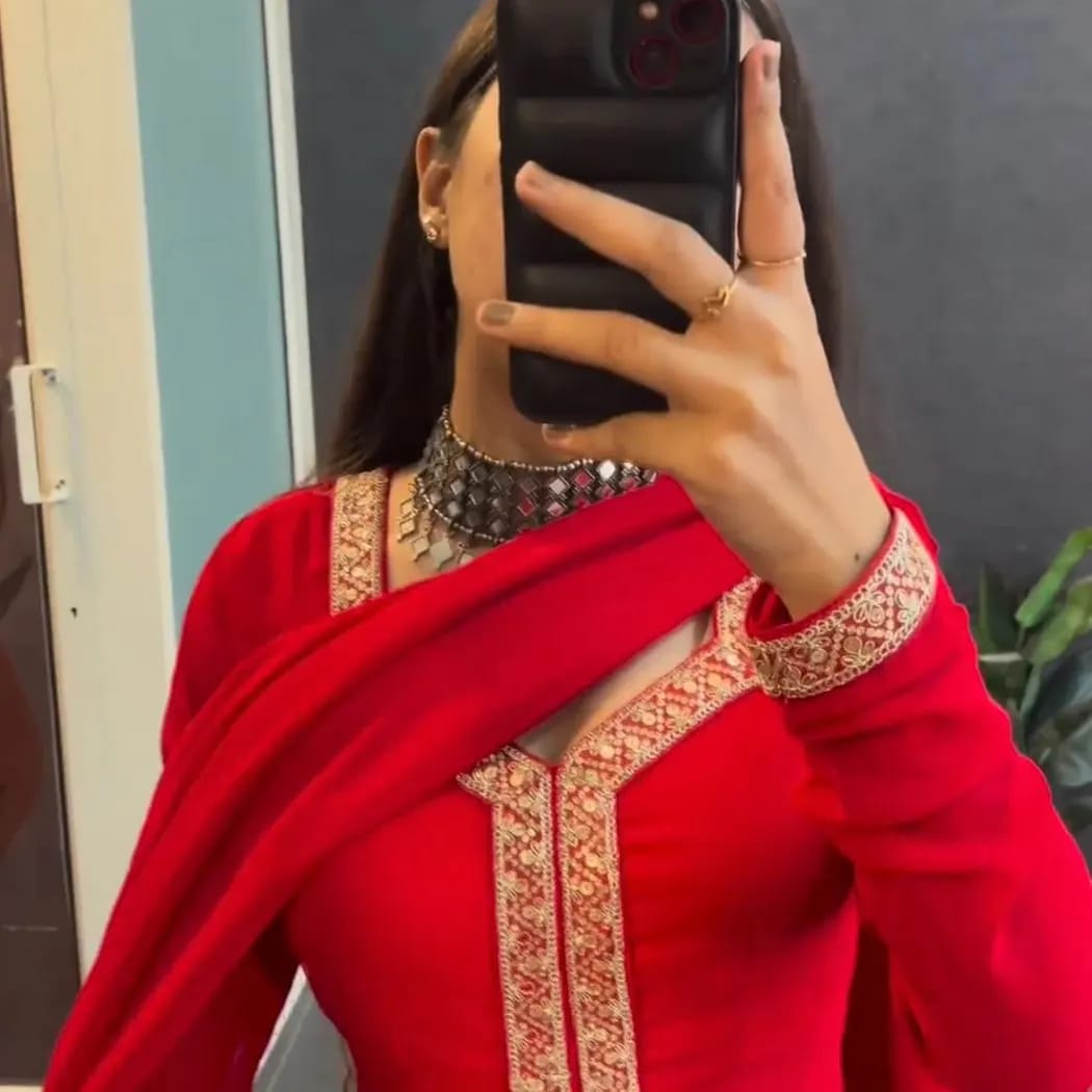 Rayon Anarkali Red Suit(Set of 3) - Craftystyles