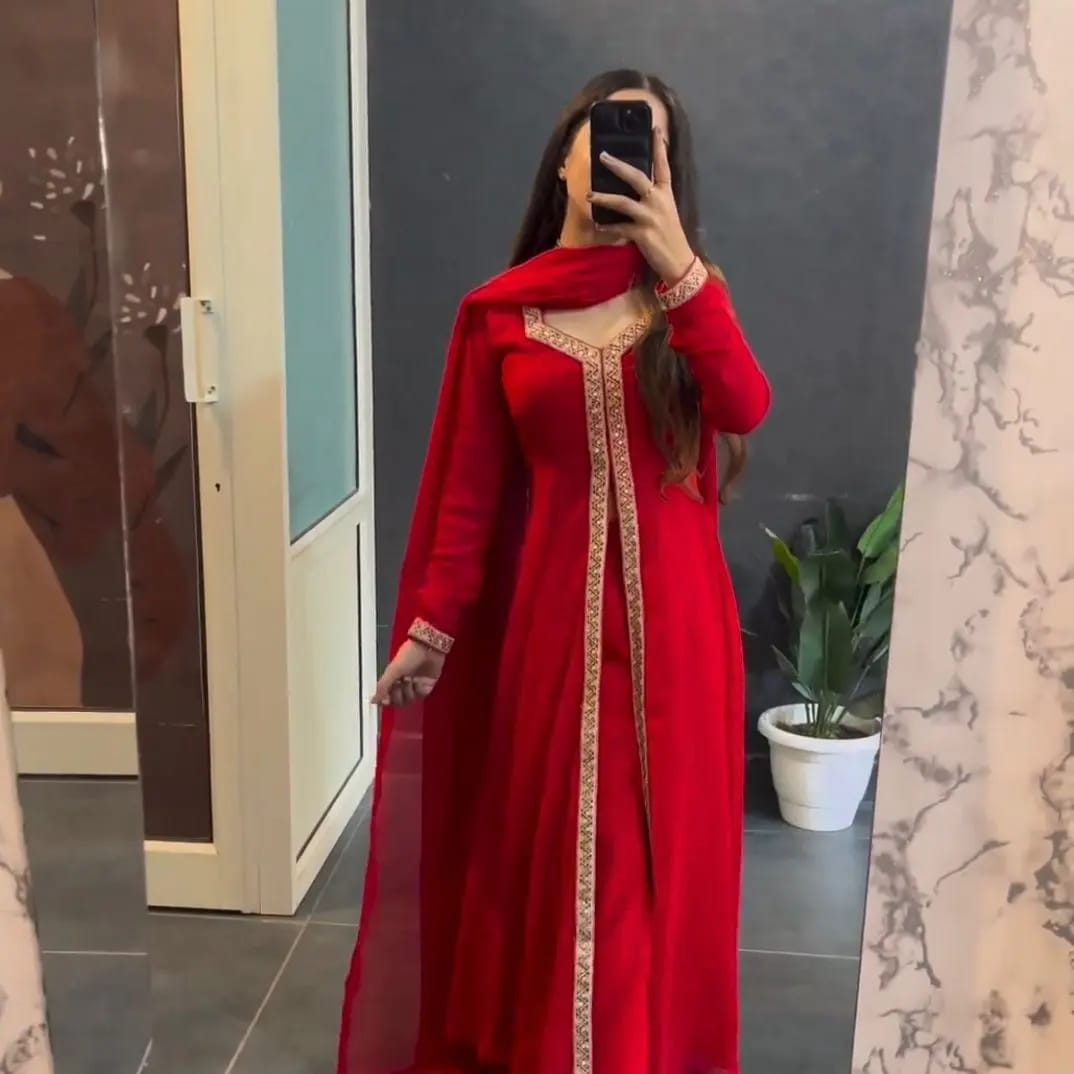 Rayon Anarkali Red Suit(Set of 3) - Craftystyles