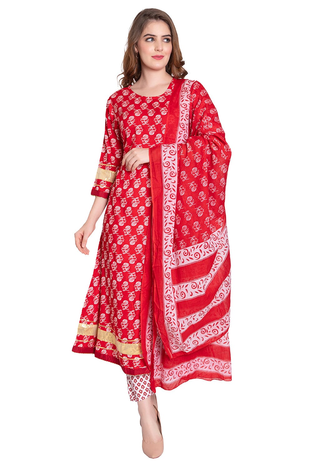 Red Hand Block Printed Anarkali Suit - Craftystyles