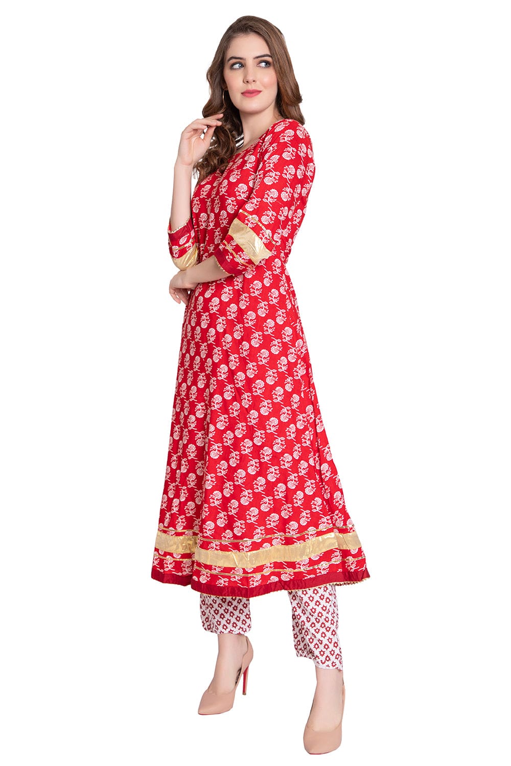 Red Hand Block Printed Anarkali Suit - Craftystyles