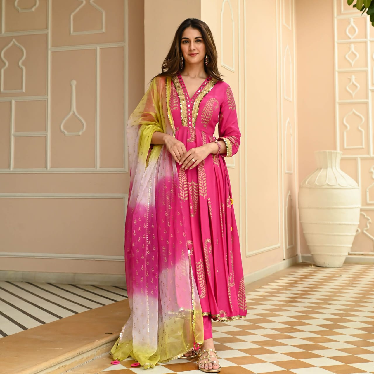 REYON Pink Naira cut Red Suit(Set of 3) - Craftystyles