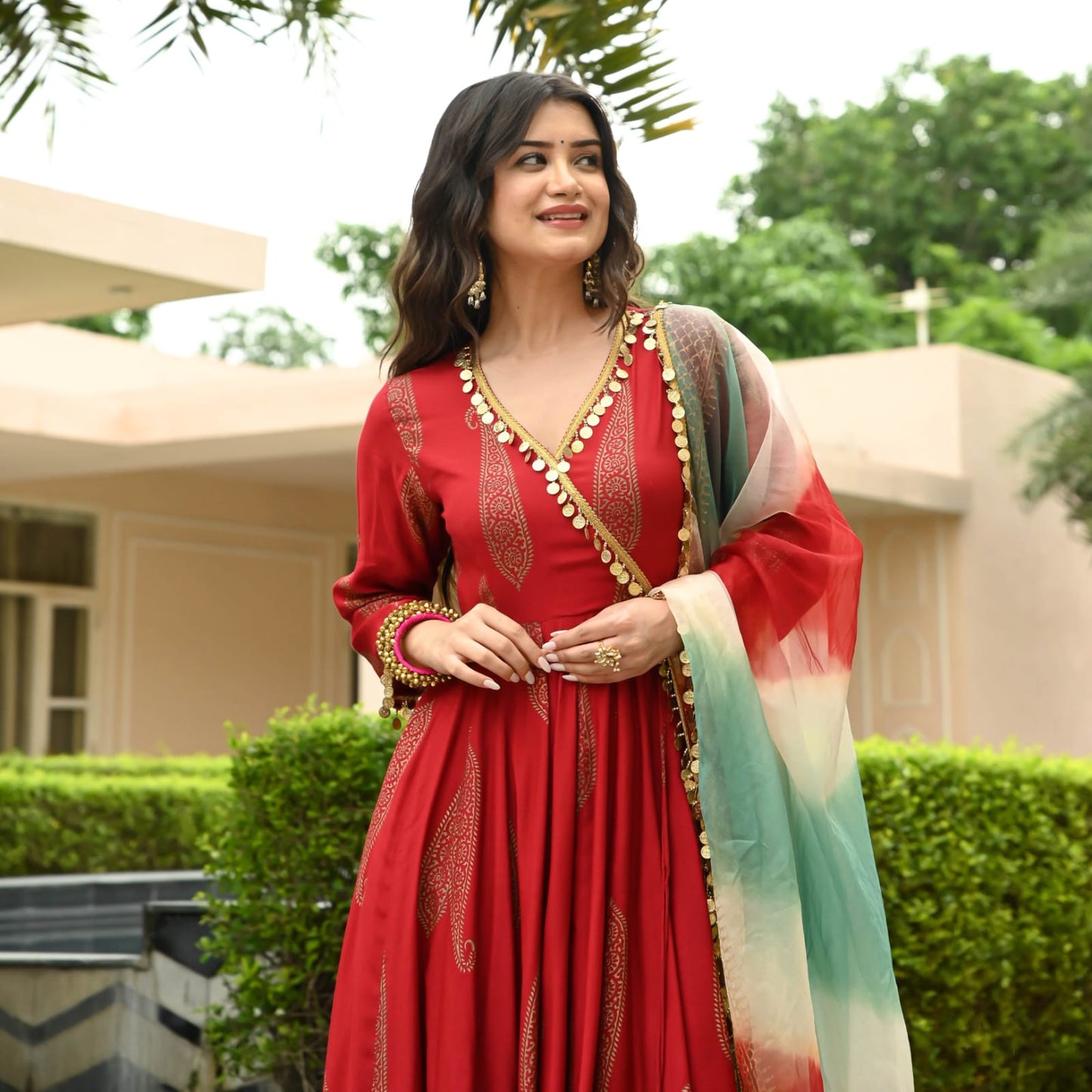 REYON Red anarkali Suit(Set of 3) - Craftystyles