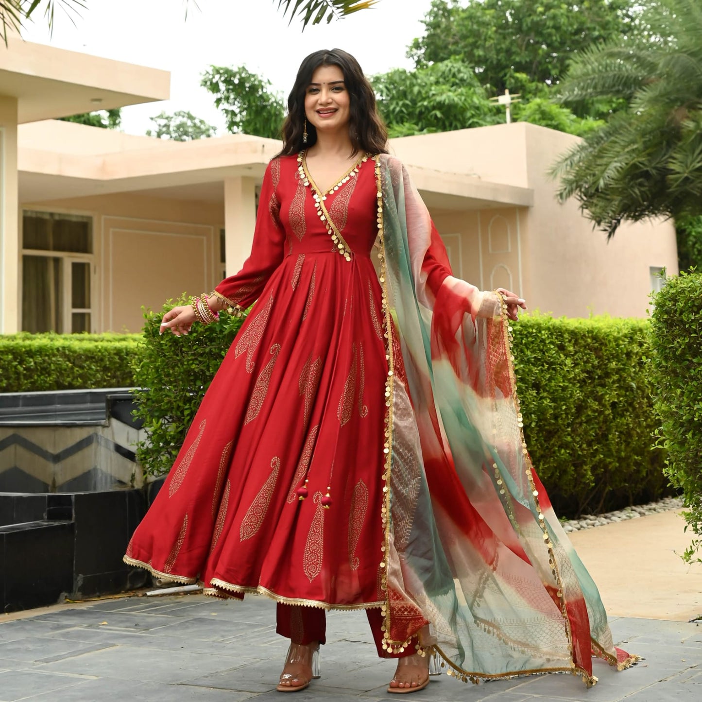 REYON Red anarkali Suit(Set of 3) - Craftystyles