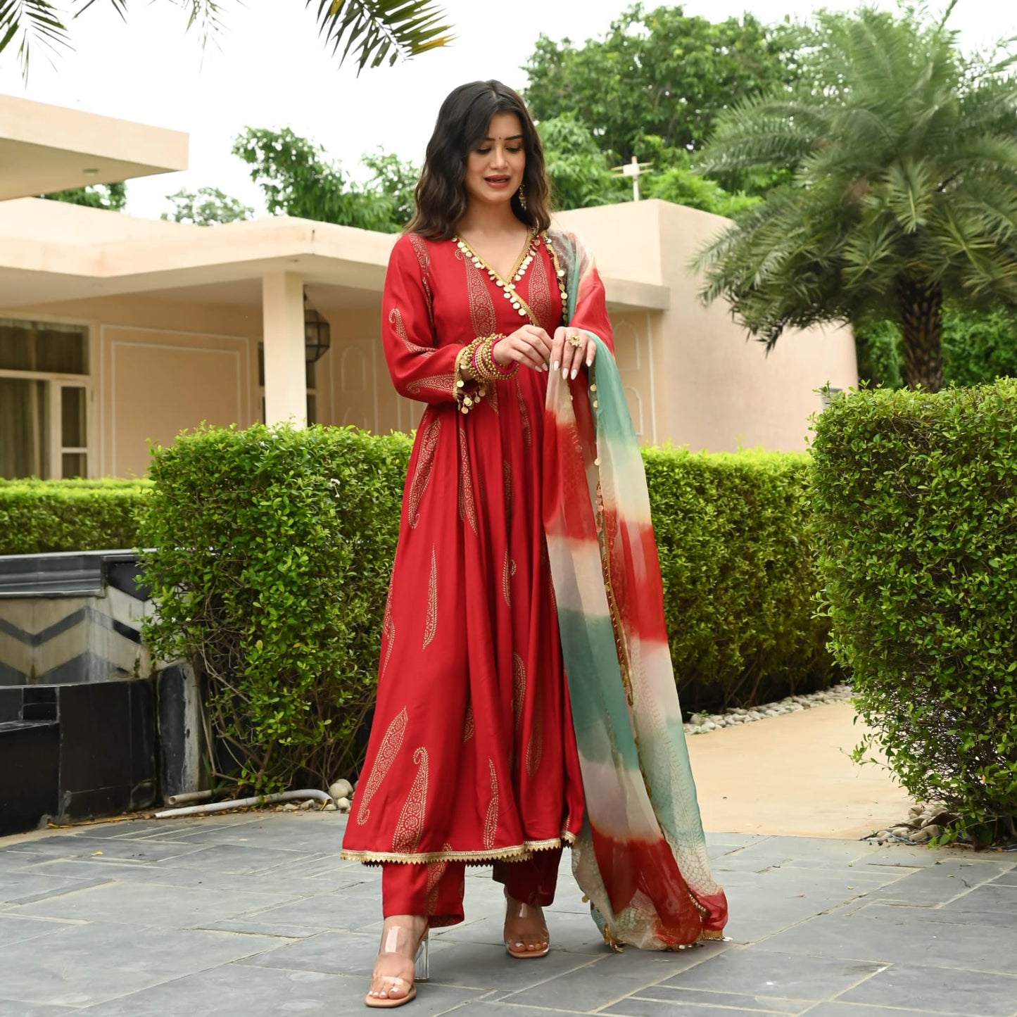 REYON Red anarkali Suit(Set of 3) - Craftystyles