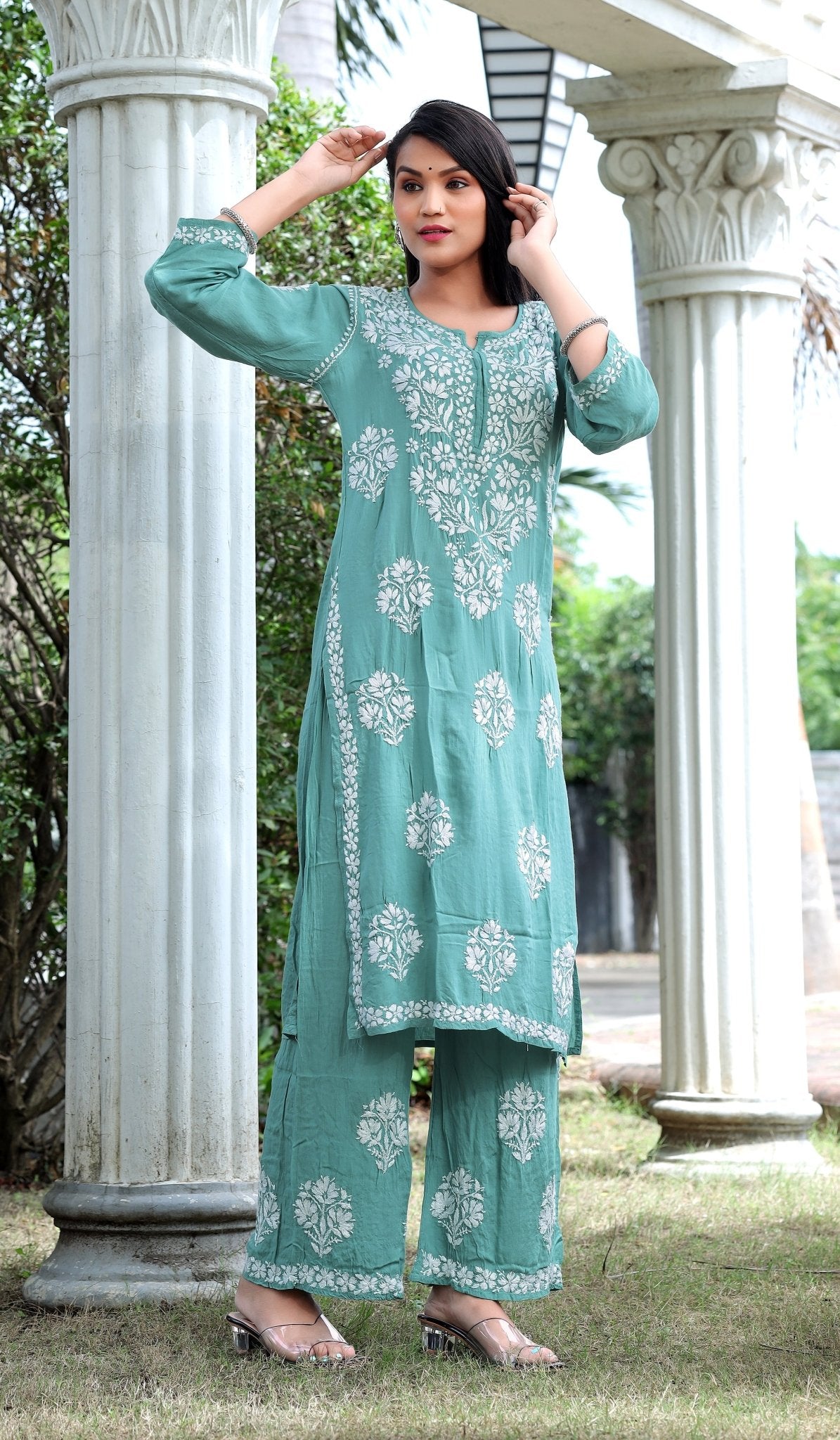 Sea Green Modal Silk Hastakarigari Chikankari Kurta Pant(Set of 2) - Craftystyles