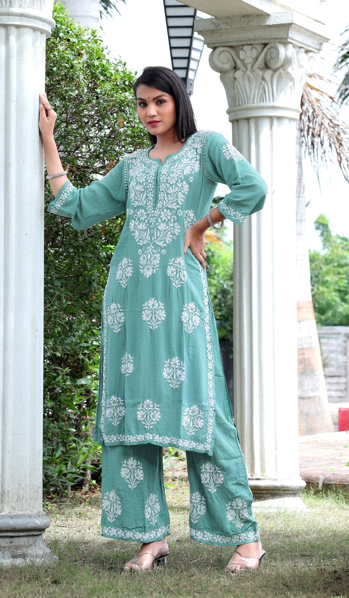 Sea Green Modal Silk Hastakarigari Chikankari Kurta Pant(Set of 2) - Craftystyles