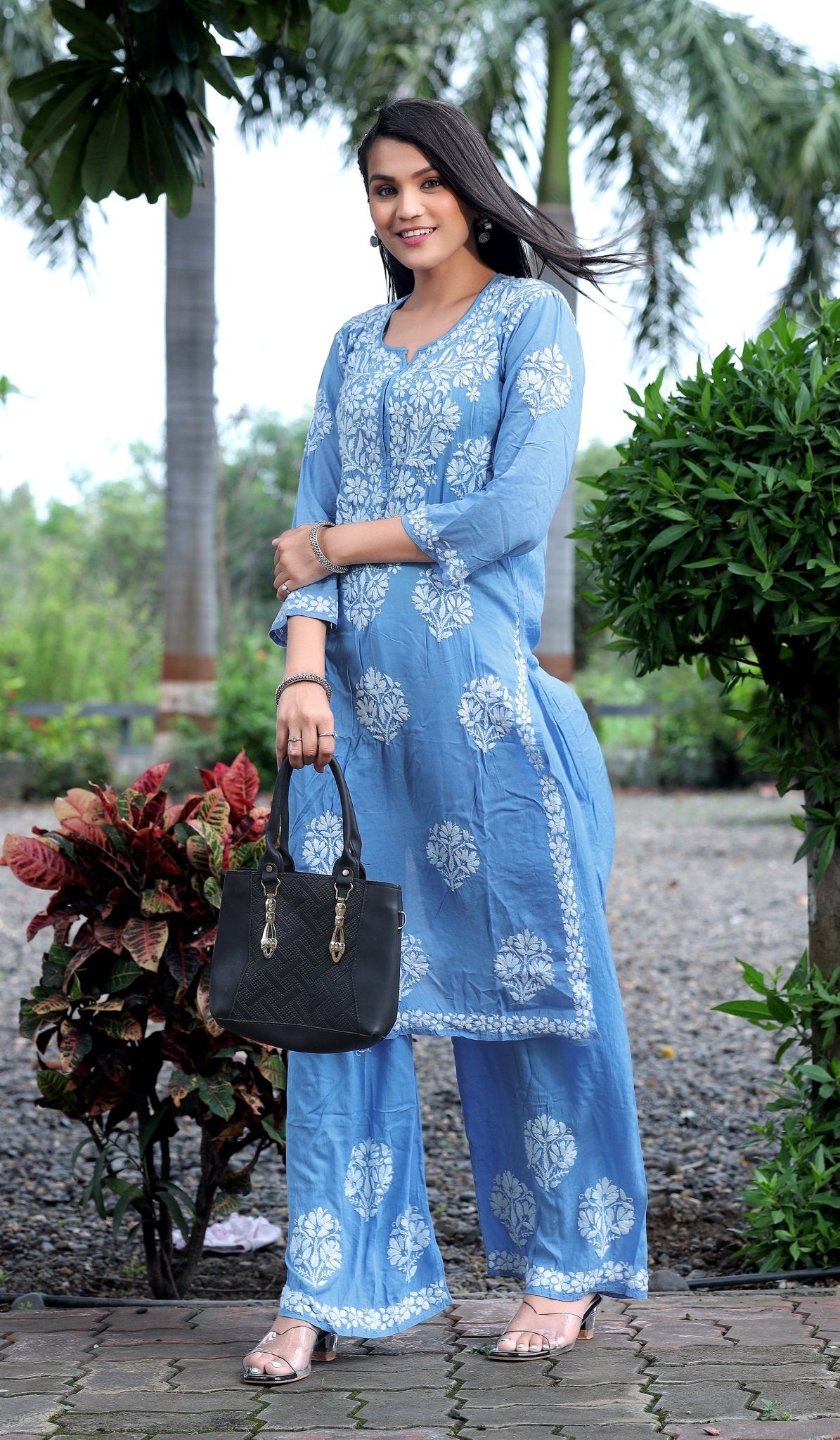 Sky Blue Modal Silk Hastakarigari Chikankari Kurta Pant(Set of 2) - Craftystyles