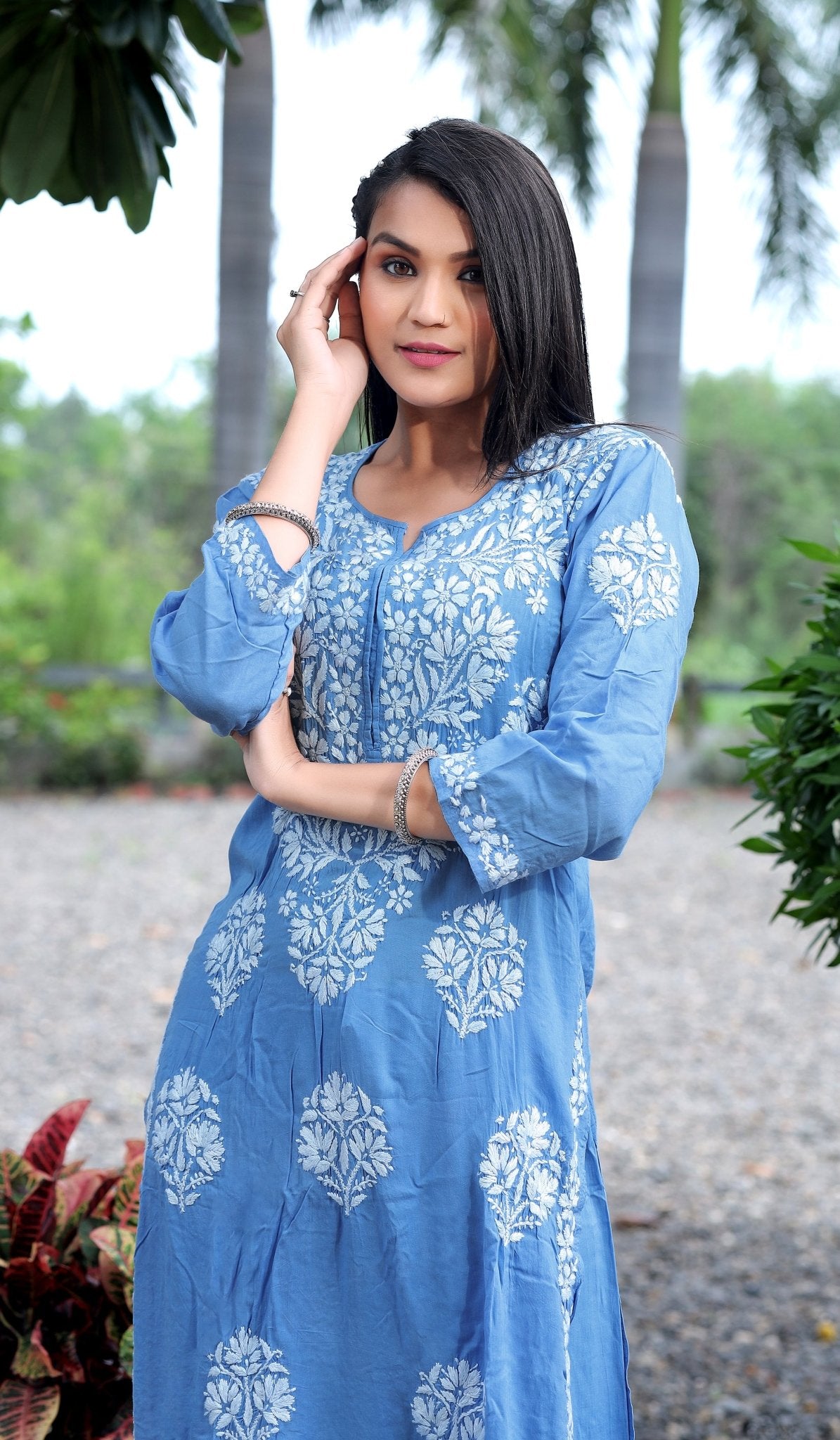 Sky Blue Modal Silk Hastakarigari Chikankari Kurta Pant(Set of 2) - Craftystyles