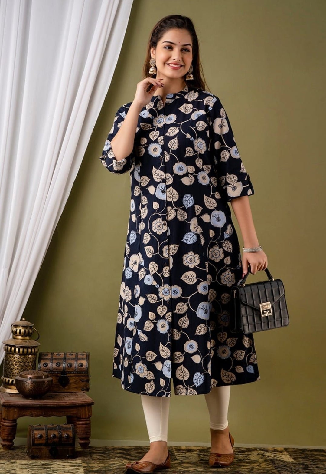Tribal Block in Floral Black A Line Side Pocket Kurta - Craftystyles