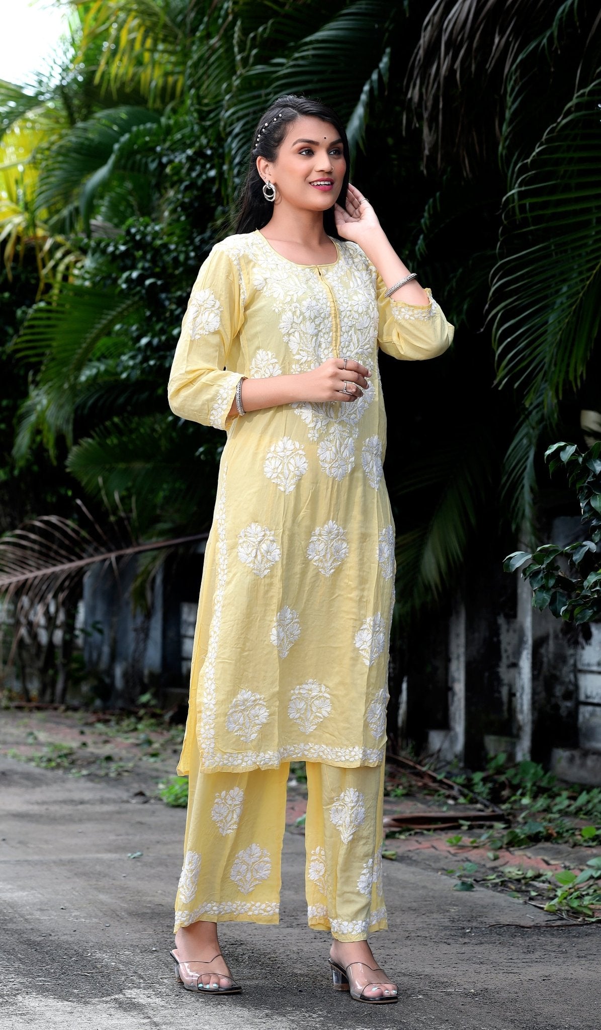 Yellow Modal Silk Hastakarigari Chikankari Kurta Pant(Set of 2) - Craftystyles
