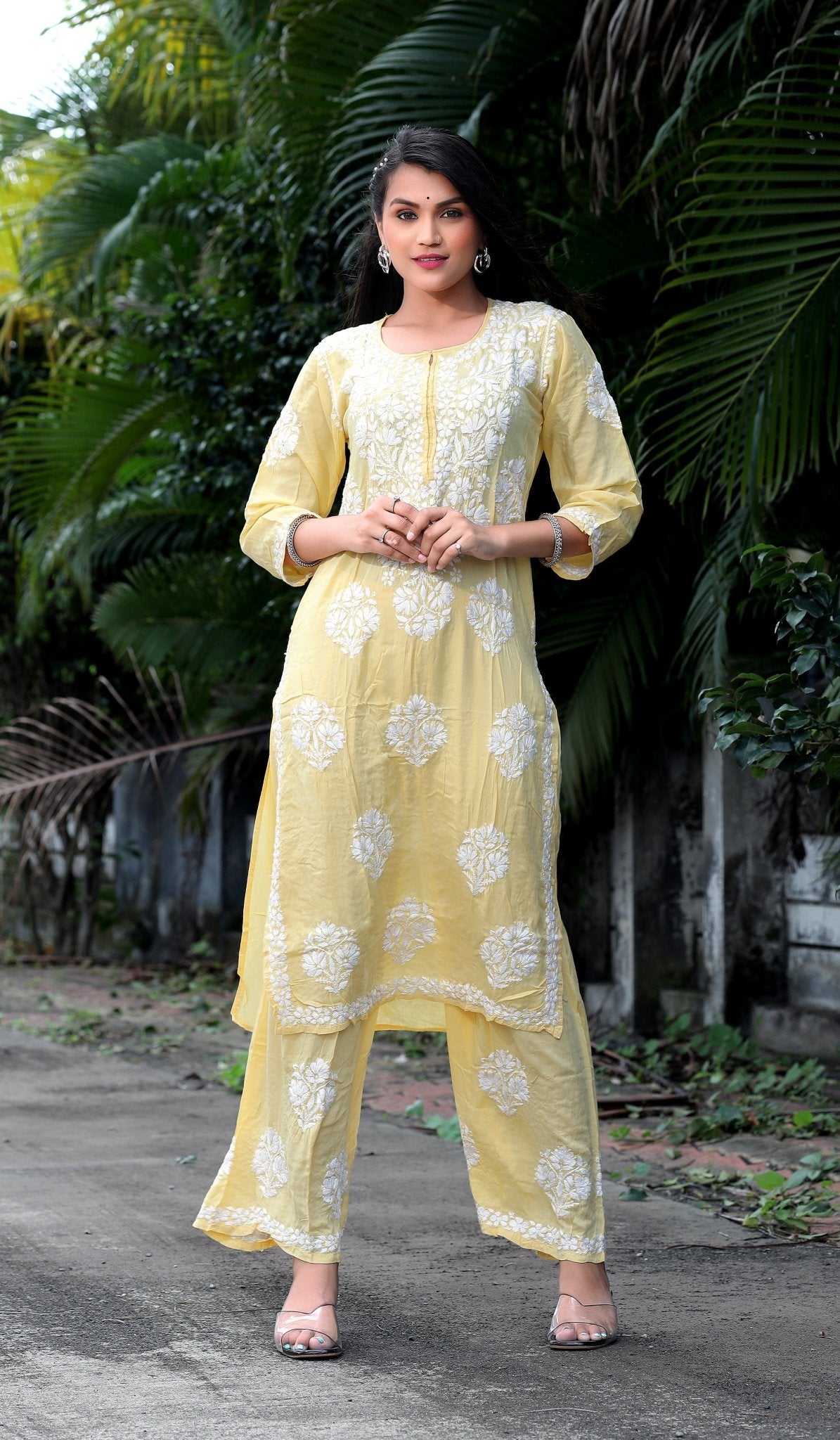 Yellow Modal Silk Hastakarigari Chikankari Kurta Pant(Set of 2) - Craftystyles