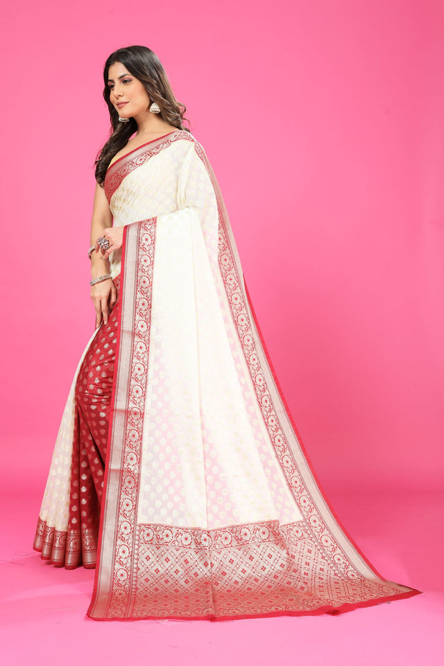 Dual white and Maroon Banaras Soft Georgette silk