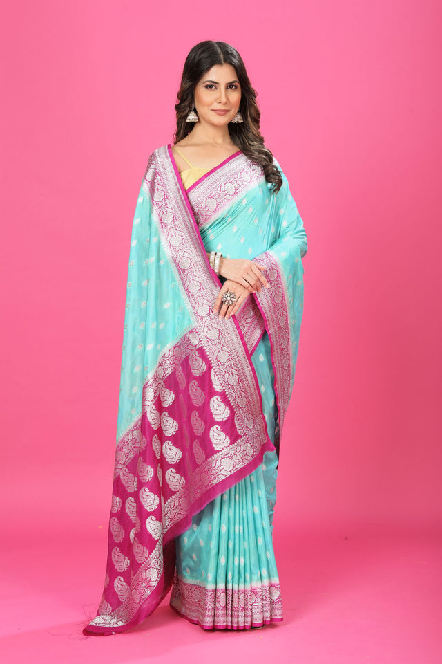 Sky Blue - magenta Katan Georgette Silk