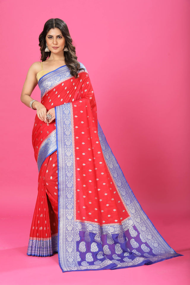 Red - Blue Katan Georgette Silk