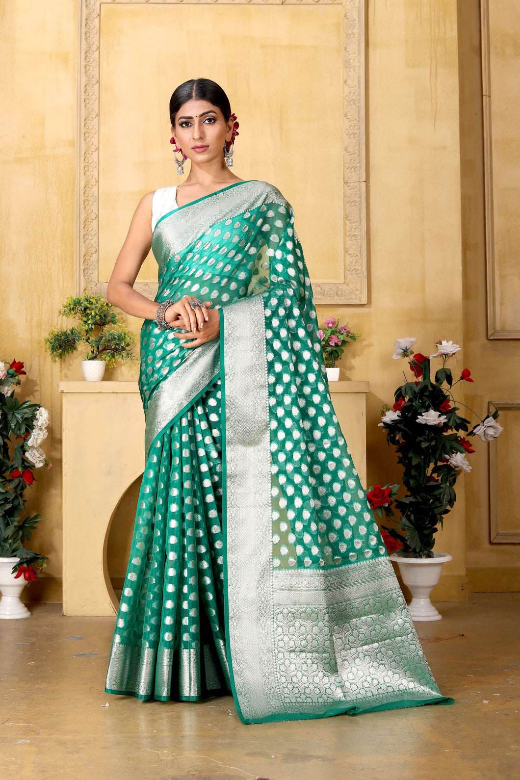 Sea Green Banaras Kora Organza silk - AbirabyBeena