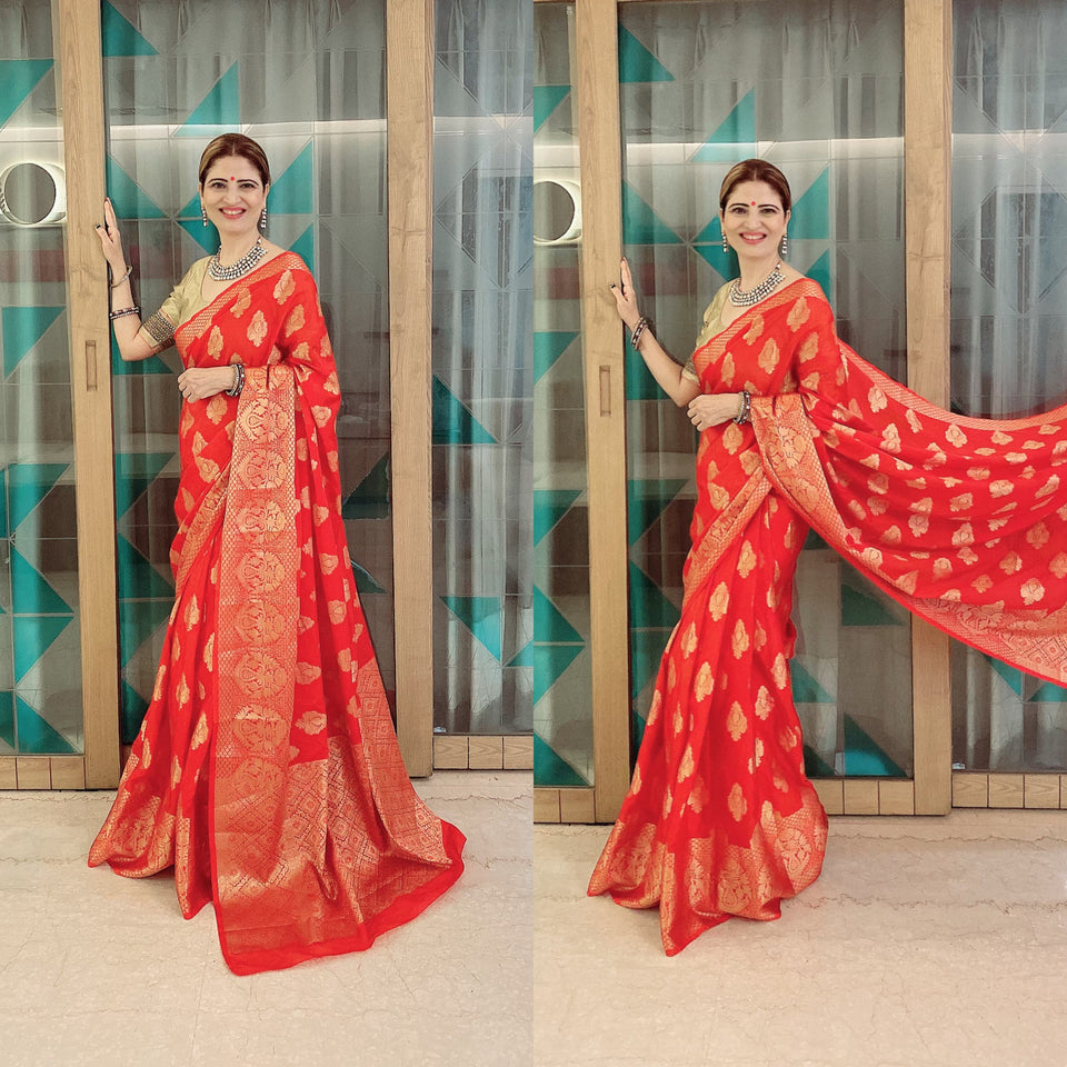 Red Butta Banaras Crepe silk - AbirabyBeena