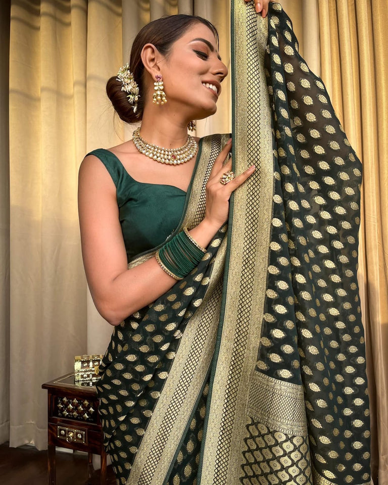 Bottle Green Banaras butti Soft Georgette silk