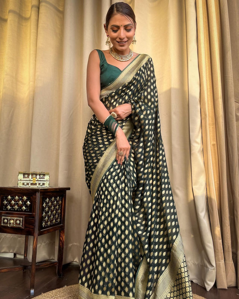 Bottle Green Banaras butti Soft Georgette silk