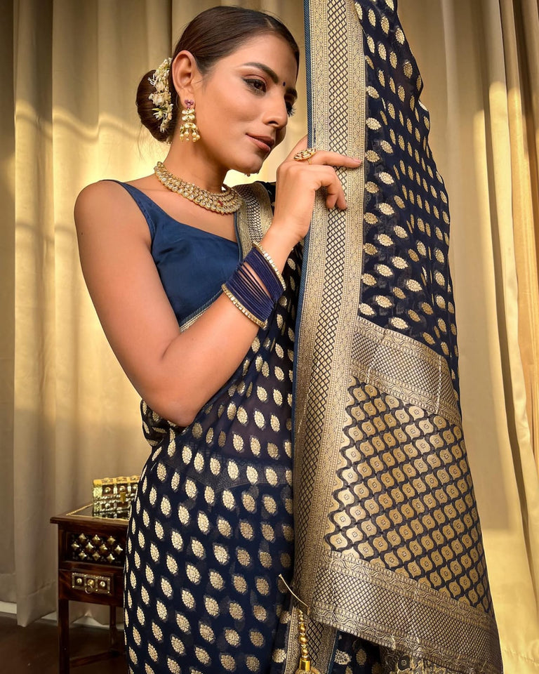 Navi Blue Banaras butti Soft Georgette silk