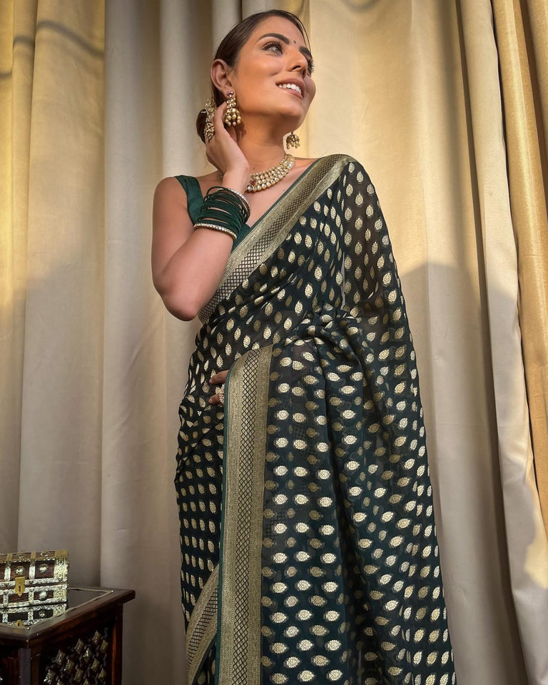 Bottle Green Banaras butti Soft Georgette silk