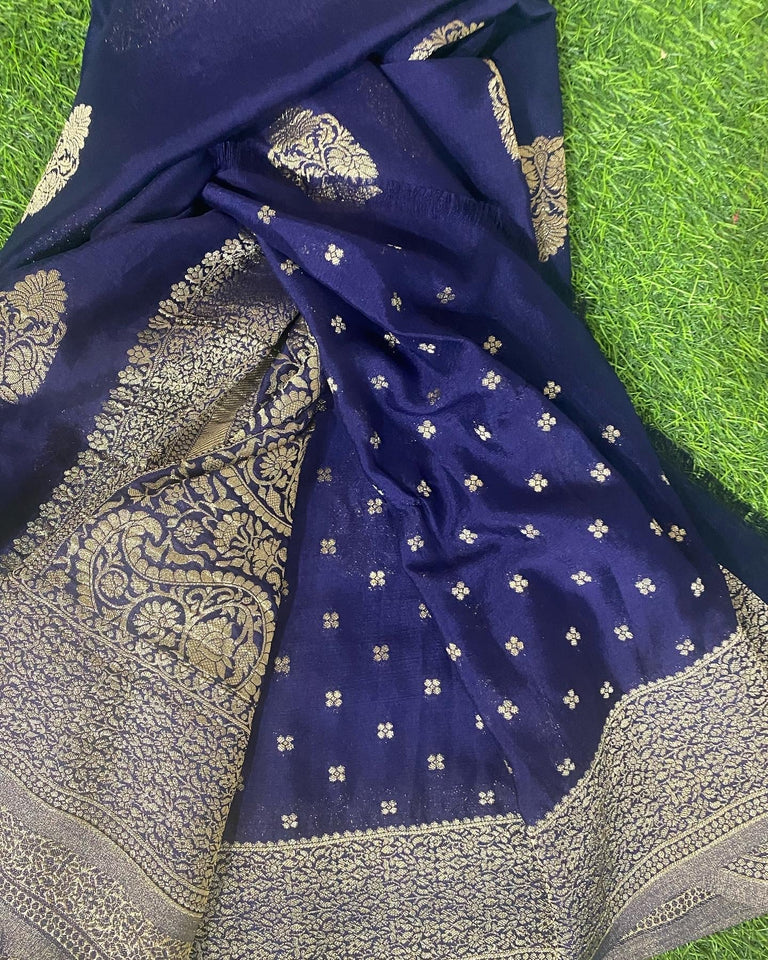 Royal Blue Banaras Crepe Silk- Heena