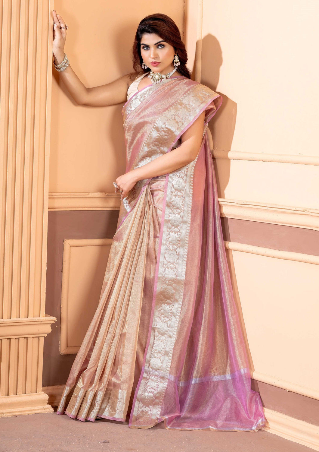 Malaika Arora TISSUE silk Saree - Peach