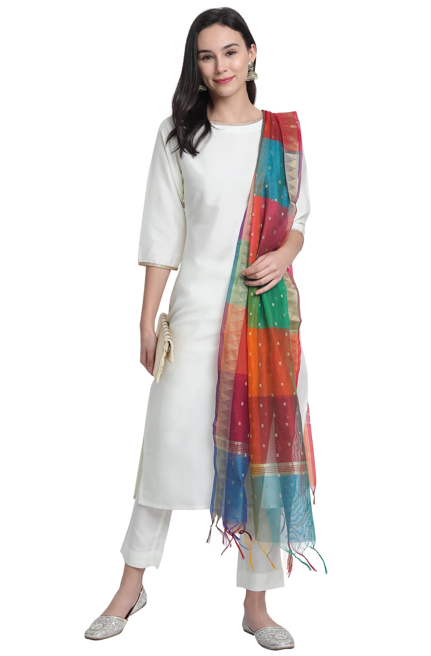Off-White Poly Silk Solid Kurta With Pant And Dupatta