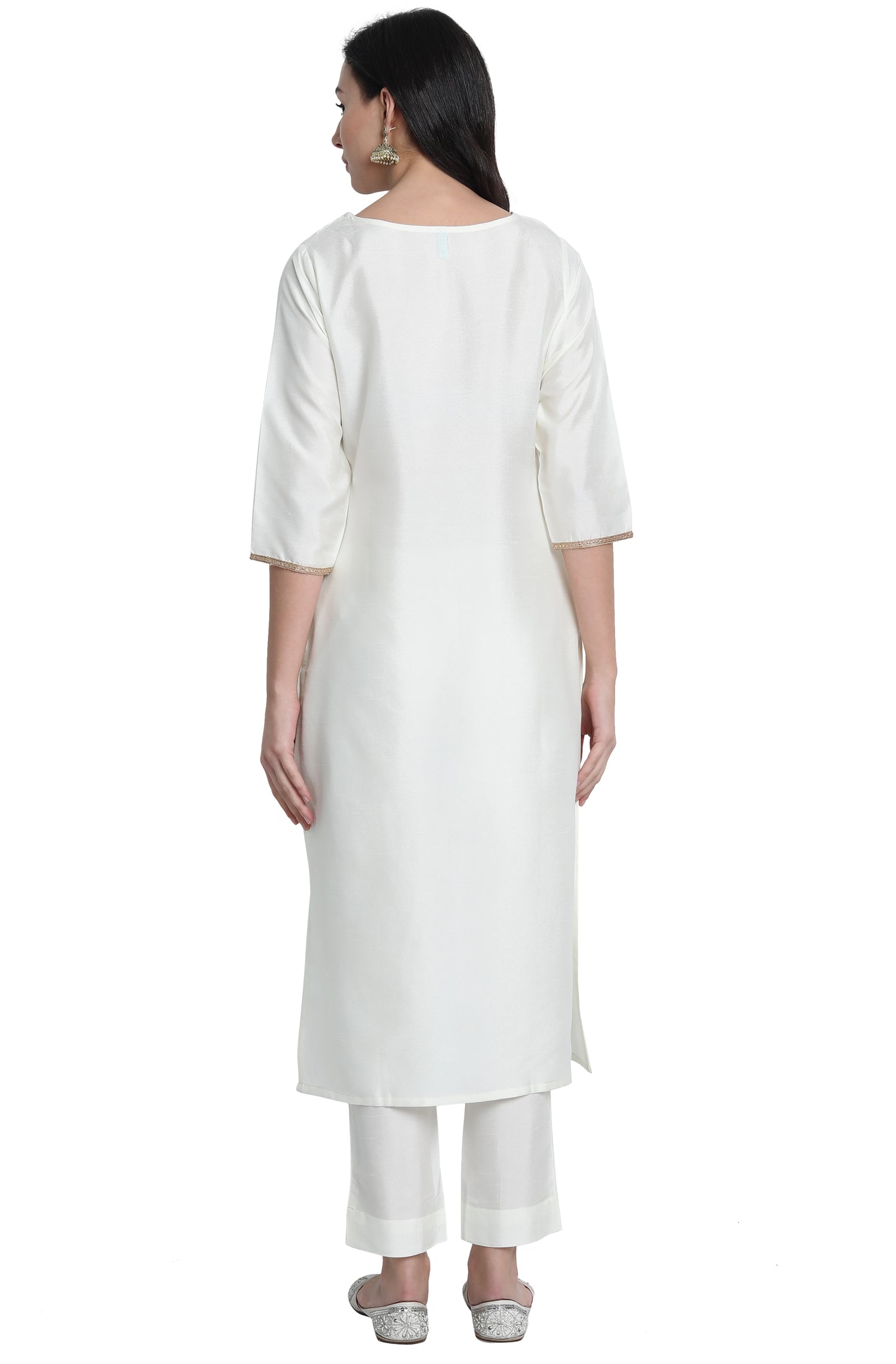 Off-White Poly Silk Solid Kurta With Pant And Dupatta