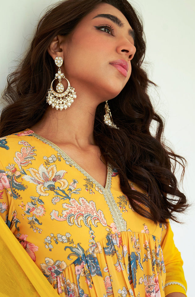 Yellow Georgette Digital Floral Printed Kurta With Sharara And Dupatta