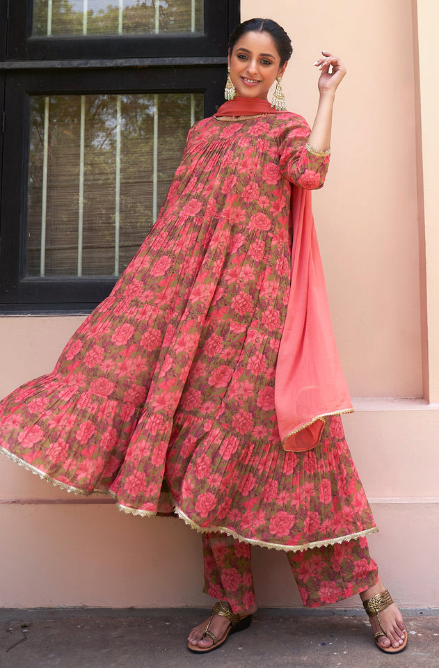 Peach Georgette Kurta Palazzo Set With Dupatta
