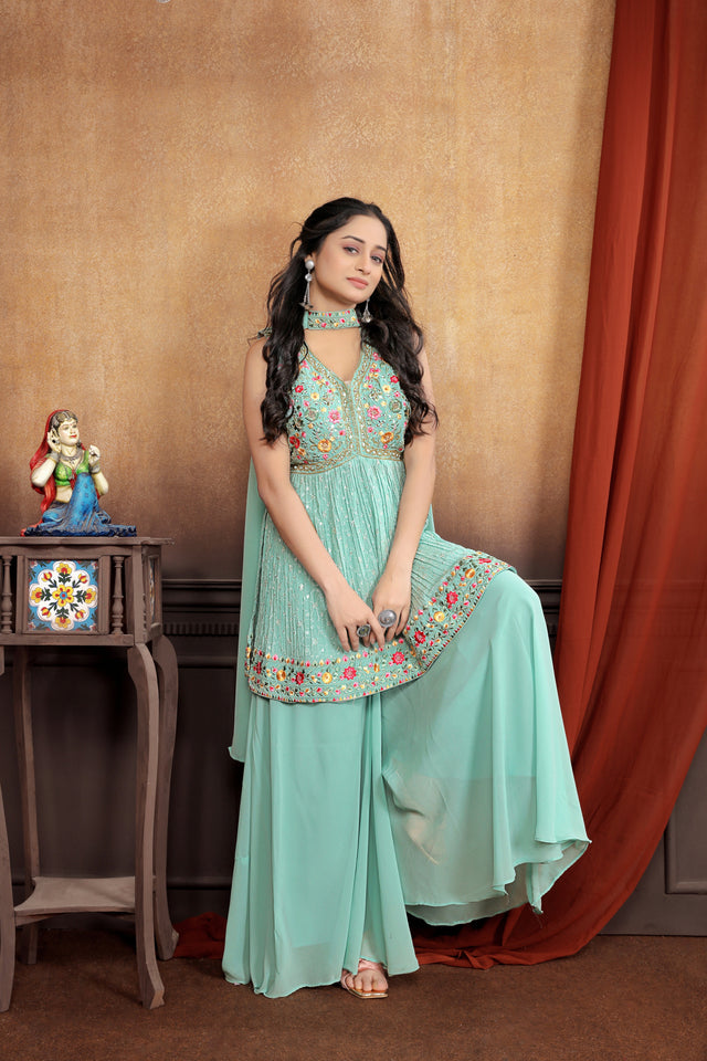 Elegance in Green: Beautifully Embroidered Light Green Sharara Suit Set for Women