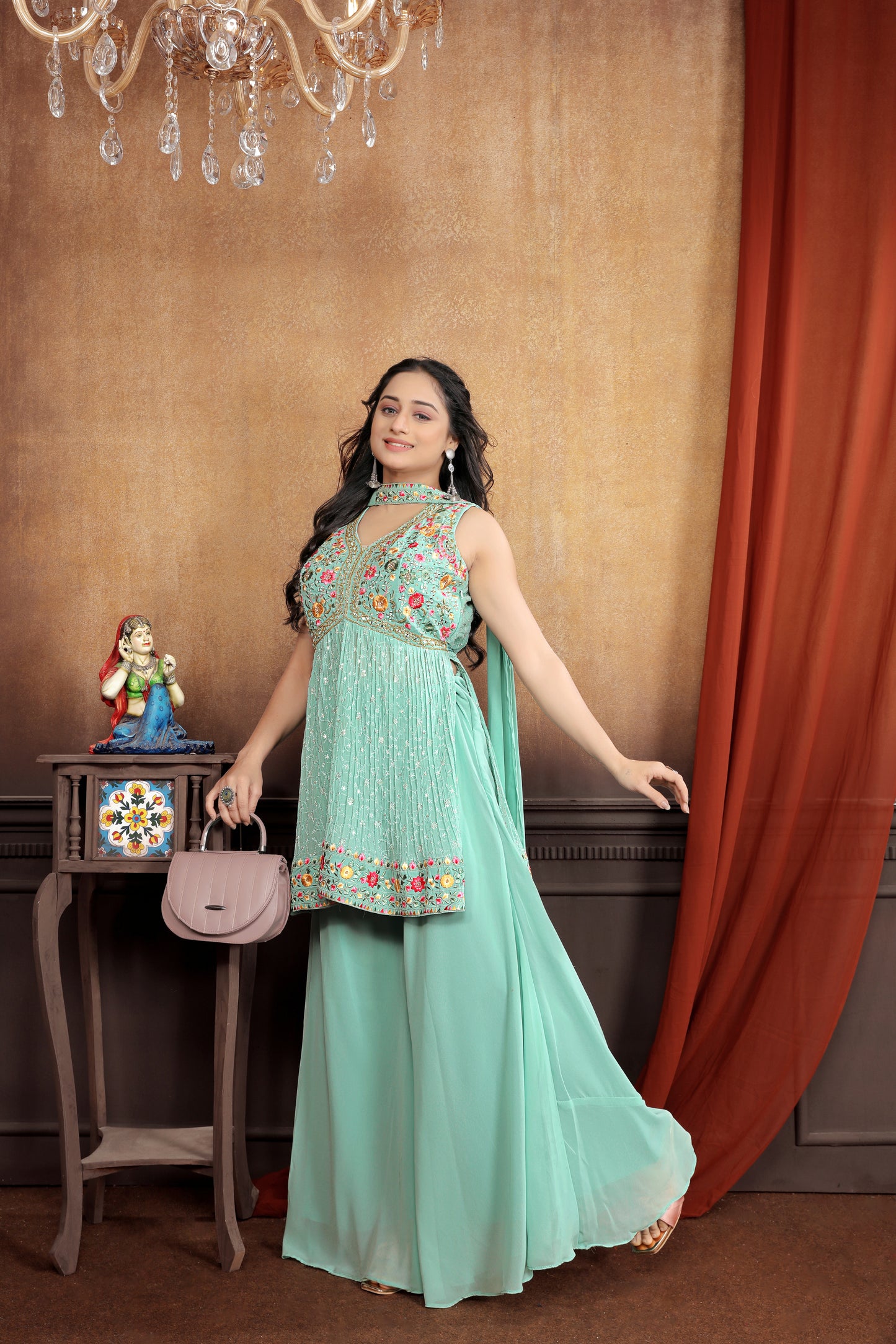 Elegance in Green: Beautifully Embroidered Light Green Sharara Suit Set for Women