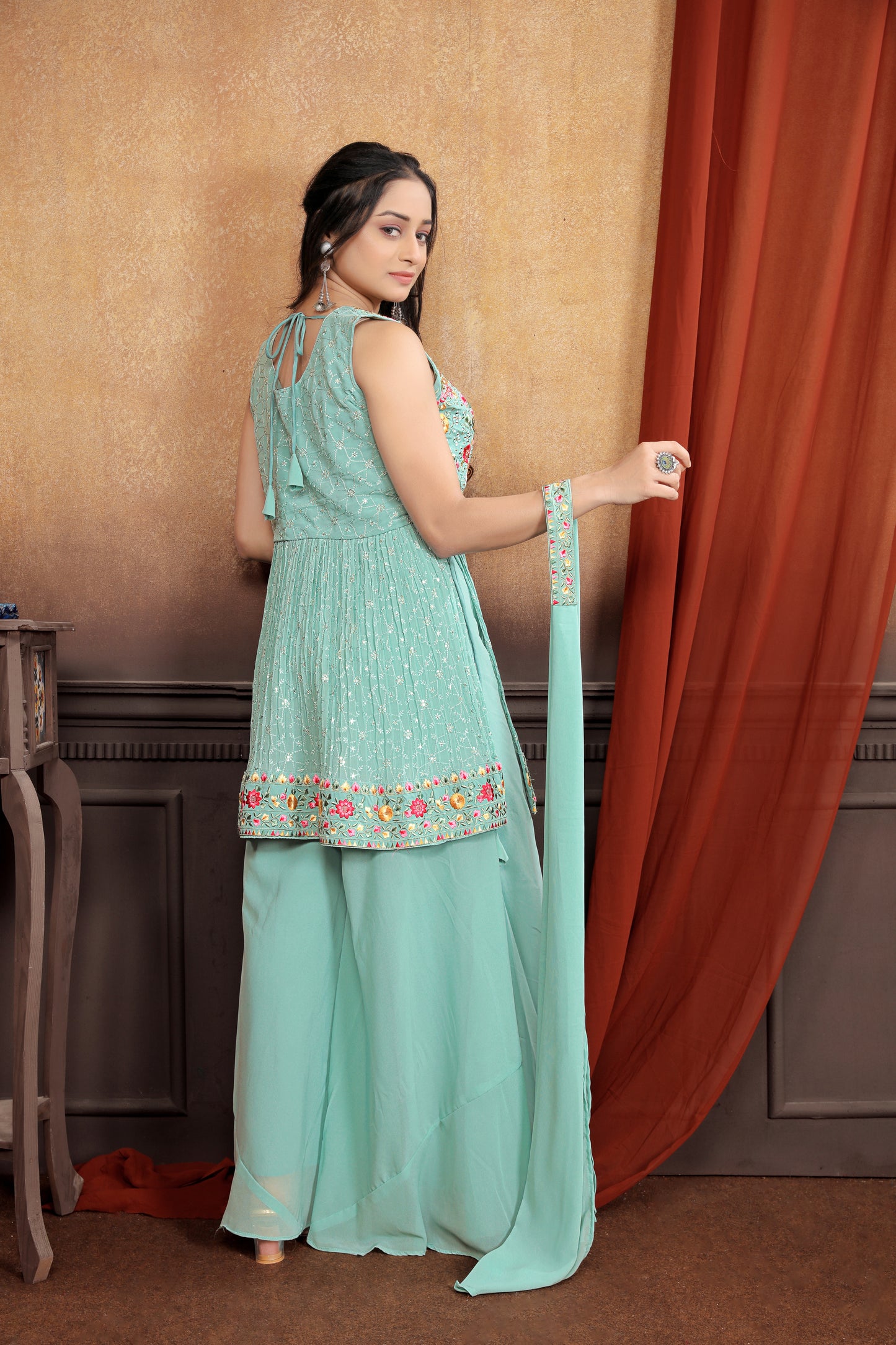 Elegance in Green: Beautifully Embroidered Light Green Sharara Suit Set for Women
