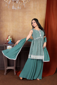 Chic in Olive: Exquisite Embroidered Sharara Suit Set for Women