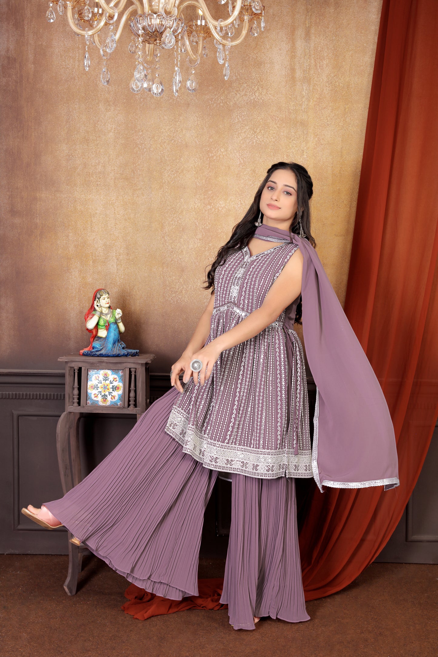 Allure in Onion Shade: Exquisite Embroidered Sharara Suit Set for Women