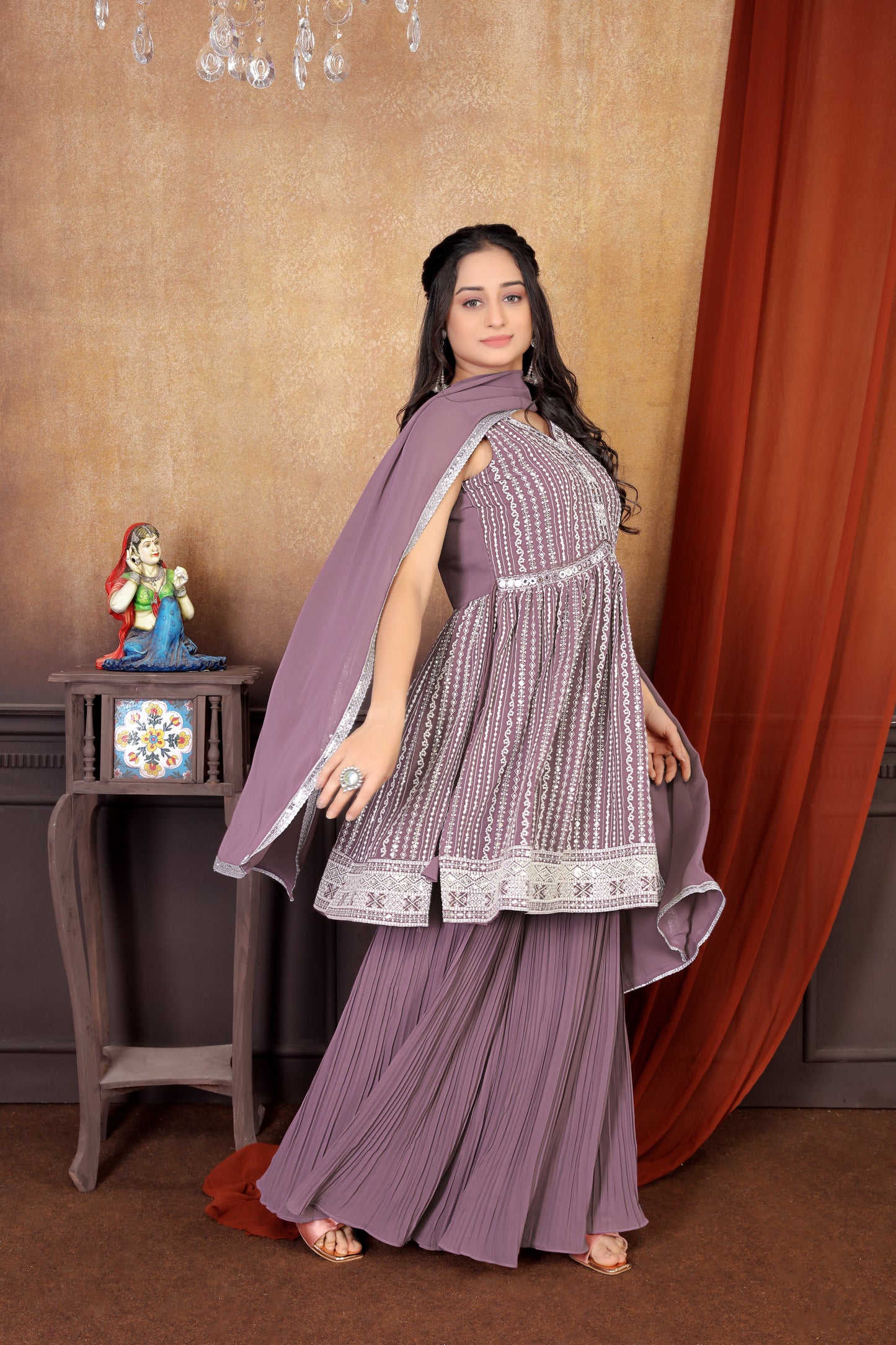 Allure in Onion Shade: Exquisite Embroidered Sharara Suit Set for Women