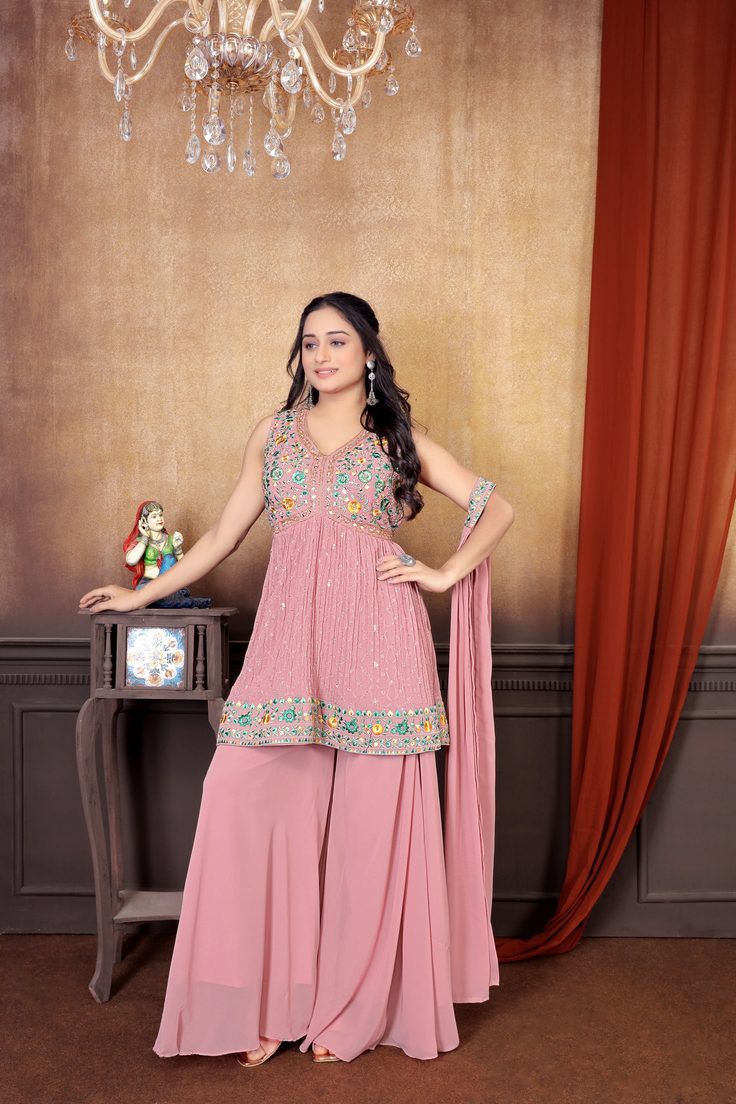 Peach Perfection: Stunning Sharara Suit Set with Intricate Embroideries for Women