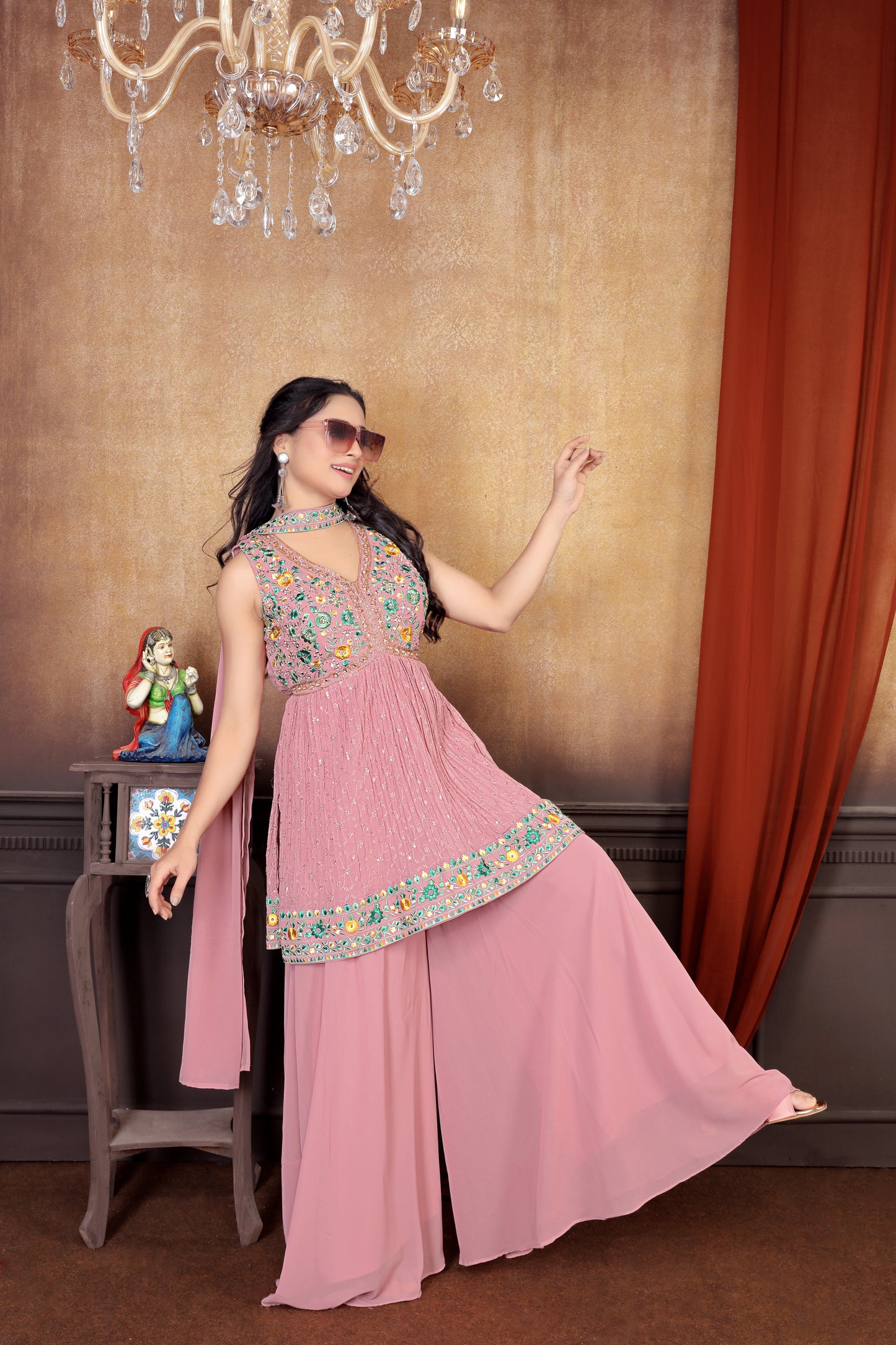Peach Perfection: Stunning Sharara Suit Set with Intricate Embroideries for Women