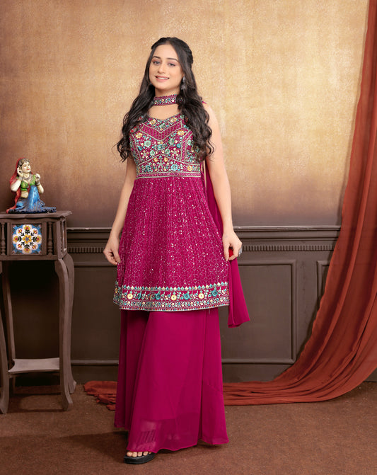 Vibrant Glamour: Hot Pink Sharara Suit Set with Exquisite Embroideries for Women