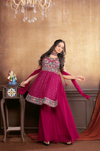 Vibrant Glamour: Hot Pink Sharara Suit Set with Exquisite Embroideries for Women