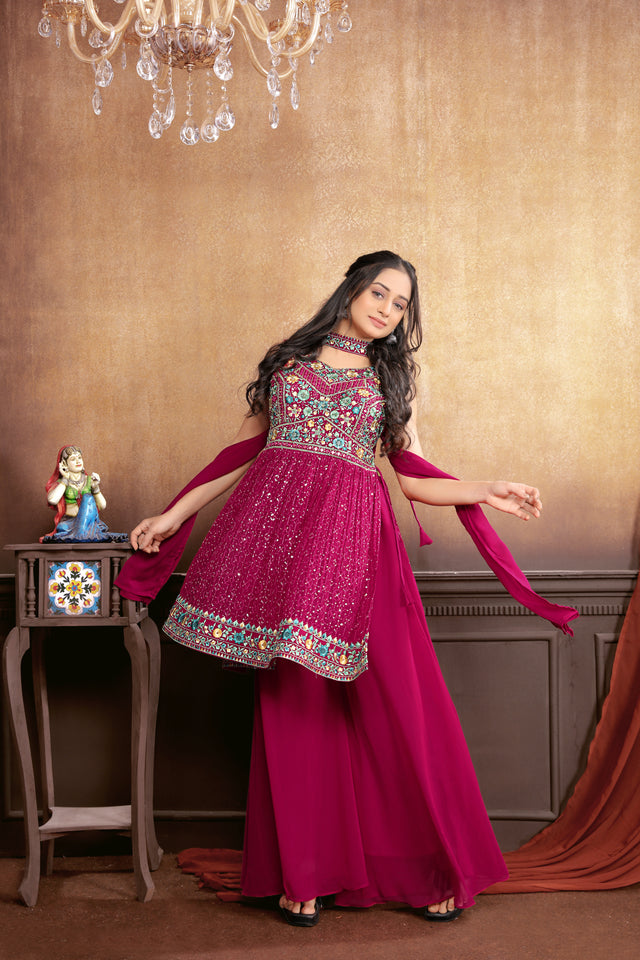 Vibrant Glamour: Hot Pink Sharara Suit Set with Exquisite Embroideries for Women