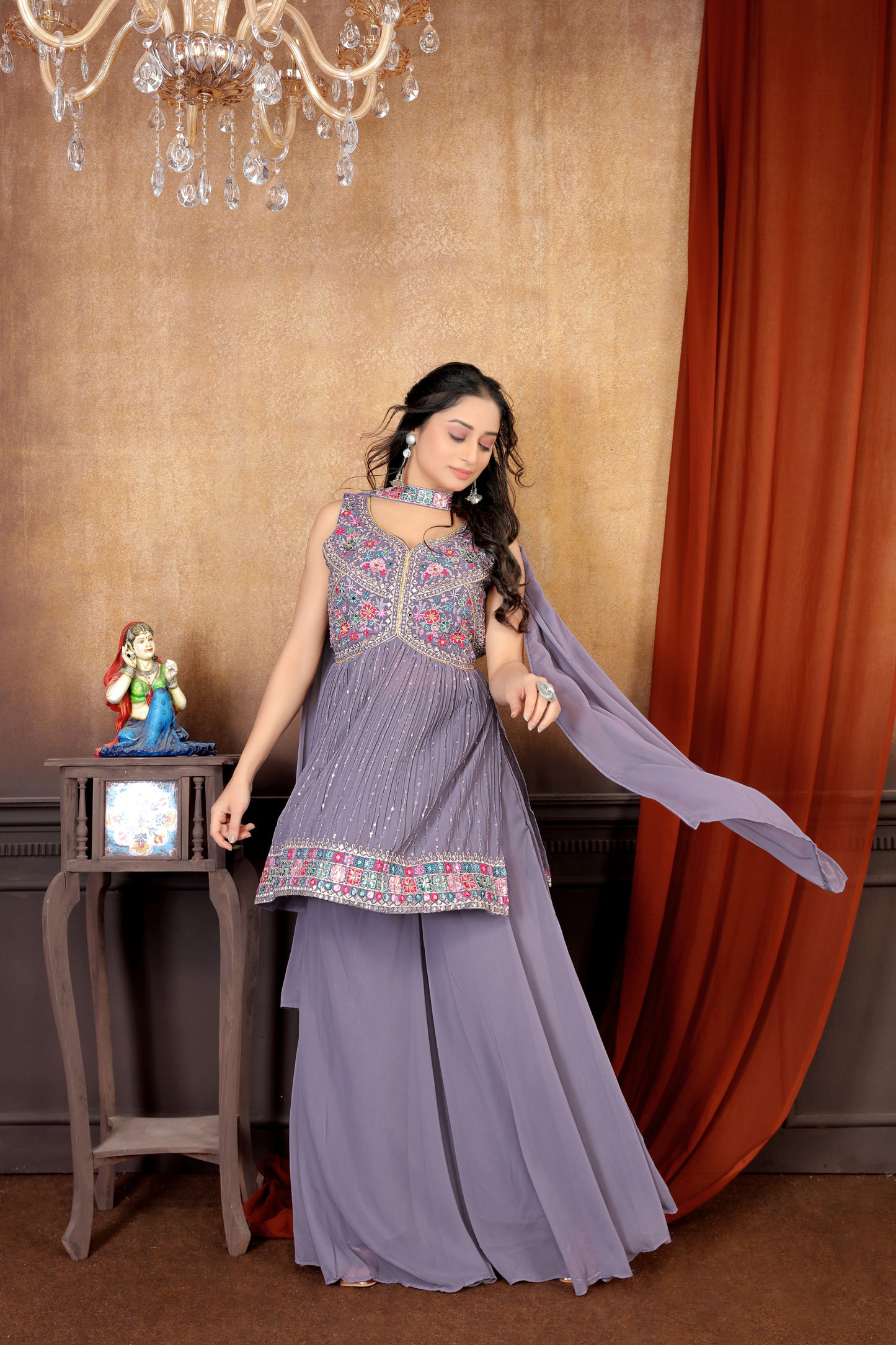 Radiant in Lilac: Light Purple Sharara Suit Set with Exquisite Embroideries for Women
